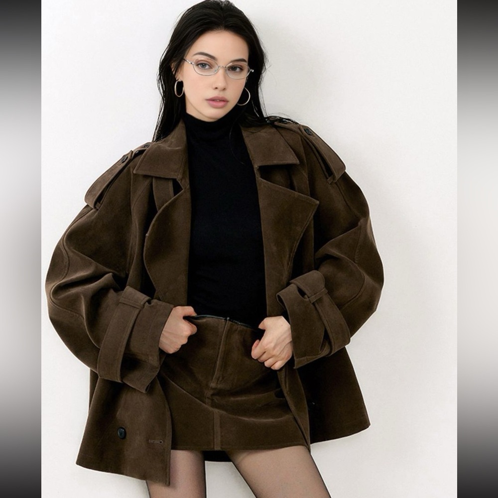 COMMENSE Lapel Loose Faux Suede Jacket Small Brown